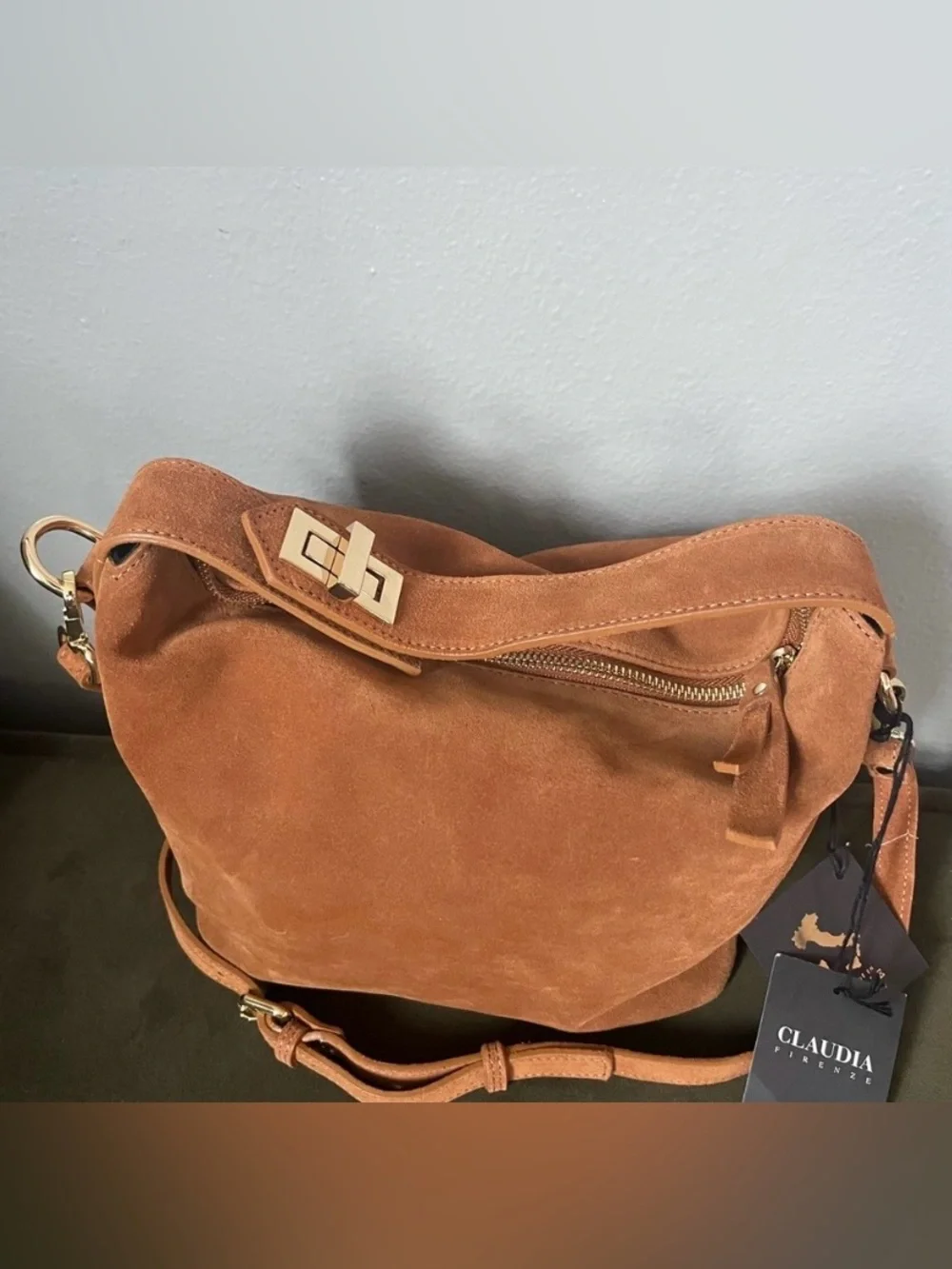 Claudia Firenze Genuine Suede Hobo Hand Bag/Crossbody Cognac Camel Italian NWT
